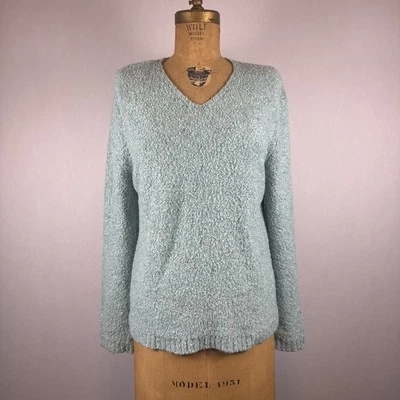 Suéter de malha White Stag Boucle Aqua Blossom M 8/10 macio aconchegante pulôver gola V vintage - Imagem 1 de 4