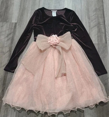 Bonnie Jean Girls BROWN & BLUSH SPARKLE Velvet Mesh Bow Dress Size 14 - Image 1 of 4