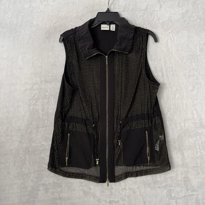 Chico's Womans Vest Top Black Medium 1 Geometric Bead Sheer Sleeveless Zip - Image 1 of 4
