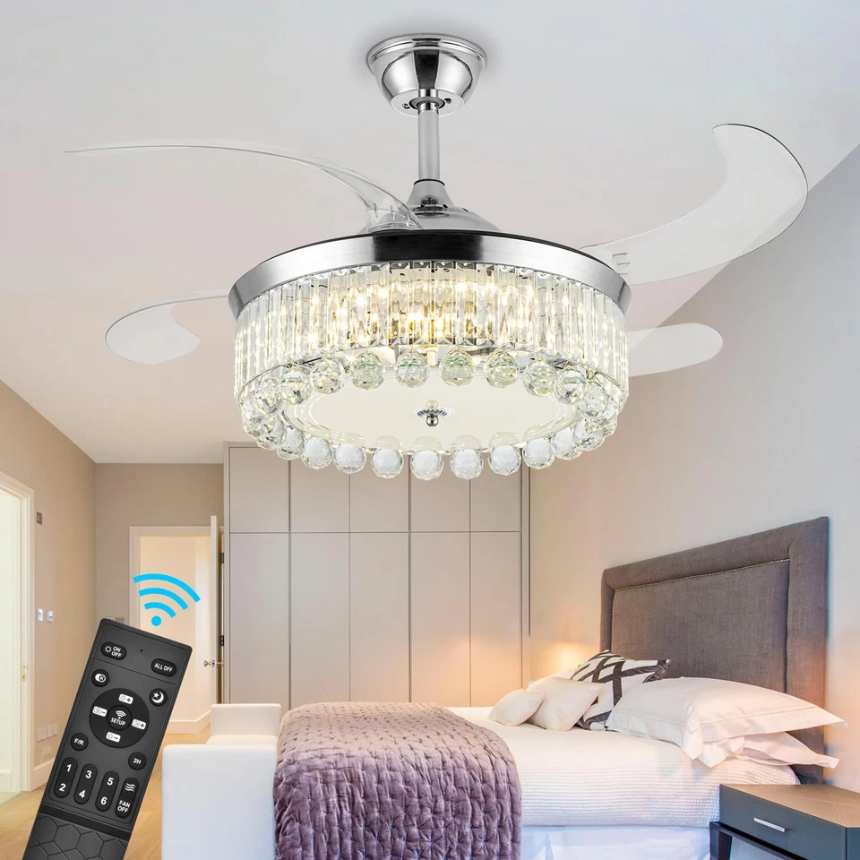 Crystal Ceiling Fans with Lights42 Inch LED 3 Color Remote Control Retractabl... - Image 1 of 4
