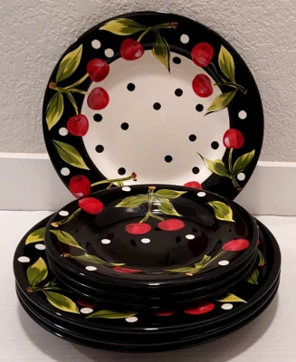 Tabletops Unlimited Boulevard 3 Salad & 4 Dinner Plates Fruit Cherry Polka Dot - Image 1 of 4