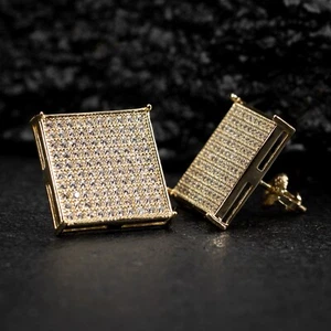 Large 14K Gold Plated Micro Cz Iced Square Sterling Silver Hip Hop Stud Earrings - Picture 1 of 5