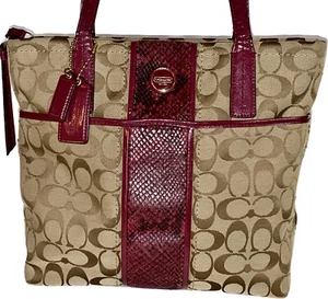 Coach Signature Monogram Canvas & Pink Raspberry Snakeskin Tote F25706 - Picture 1 of 20