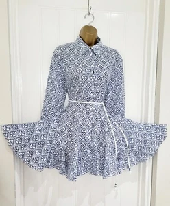 ZARA size 10 12 medium 100% cotton white blue shirt flare shirt dress paisley - Picture 1 of 10