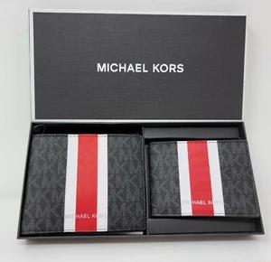 Michael Kors Mens Black and Flame Red Logo Stripe 3 in 1 Billfold Wallet Box Set - Picture 1 of 10