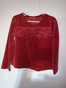 110 Sz 5 Hanna Andersson Red Christmas Velour Ruffle Blouse L/S Top Pretty! EUC - Picture 1 of 12