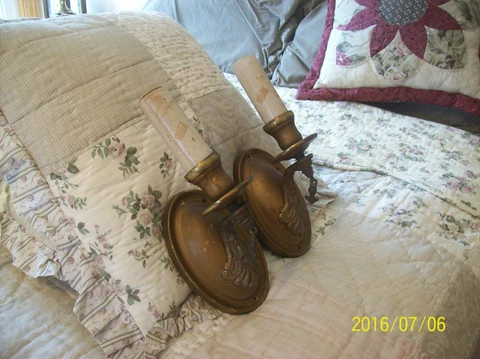 Brass Gilt Cast Gold Antique Electric Candle Wall Sconce Matching Set 2 Lights Cover