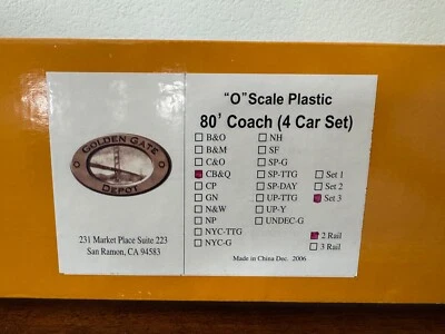 BRAND NEW Golden Gate Depot O Scale 2 Rail CB&Q 80' Heavyweight Coach 4 Car Set - Image 1 of 3