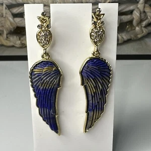 Gorgeous Blue & Gold Angel Wing Dangle Stud Earrings Signed HH - Picture 1 of 4