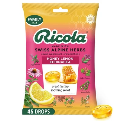 Ricola Miel Limón con Equinácea Gotas para la Tos, 45 Unidades, Delicioso Alivio Garganta Foto 1 de 4