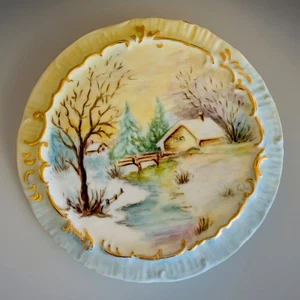 🏡VINTAGE 1950s -Hand-Painted Porcelain Wall Plate– Winter Cottage Scene– Signed - Bild 1 von 10