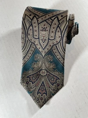 Corbata de seda vintage Oscar de la Renta Couture para hombre - patrón de cachemira verde y azul marino Foto 1 de 4