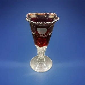 Eapg Ruby Stained Glass Souvenir Stem Wine Glass-Hudson, WI- Antique-6” Tall - Picture 1 of 4