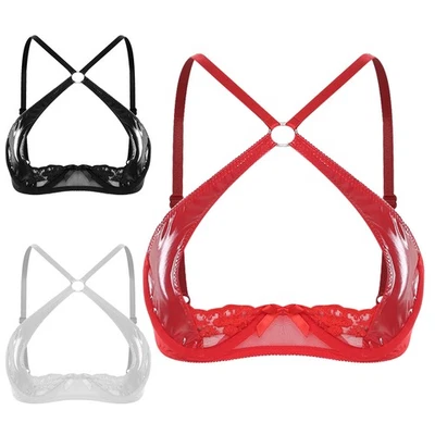 Womens Floral Lace 1/4 Cup Bra PU Leather Hollow Out Push Up Brassiere Lingerie  - Image 1 of 4
