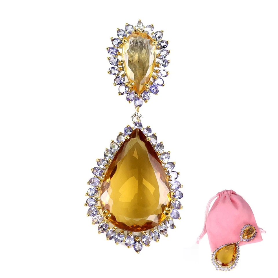 925 Pendente Argento Sterling Citrino 75ct Tanzanite Gemma Gioielli Fatto Big - Immagine 1 di 4