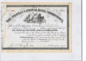 THE PEOPLES NATIONAL BANK OF NORRISTOWN......1912  STOCK CERTIFICATE - Picture 1 of 1