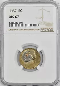 Jefferson 1957 níquel 5c MS67 color NGC 946991-8 - Imagen 1 de 4