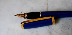 STYLO PLUME S.T. DUPONT FIDELIO EN LAQUE BLEUE - PLUME EN OR MASSIF 14 CARATS - Picture 1 of 11