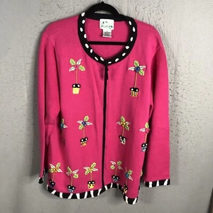 Quacker Factory Sweater Womens 1X Plus Size Hot Pink 3D Flowers Art To Wear - Picture 1 of 20
