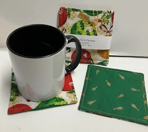 Set 4 Sottobicchieri Fatti a Mano Reversibili Alberi di Natale Ornamenti Verde Rosso NUOVI - Foto 1 di 4