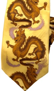 KAI LONG Men's 100% Silk tie Happy Dragon on Yellow, Luxury Asian 56x4" - Picture 1 of 5
