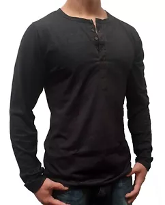 MENS LONG SLEEVE HENLEY T SHIRT SLIM GRANDPA SIZE S M L XL XXL CASUAL - Picture 1 of 4