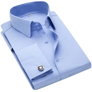 Mens Formal Office Dress Shirts French Cuff Long Sleeves Free Cufflinks Shirts - Picture 1 of 11