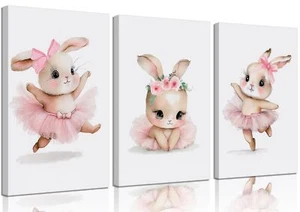 3 Pcs Pink Bunny Canvas Wall Art for Nursery Baby Room Cute Posters Prints Wa... - Picture 1 of 6