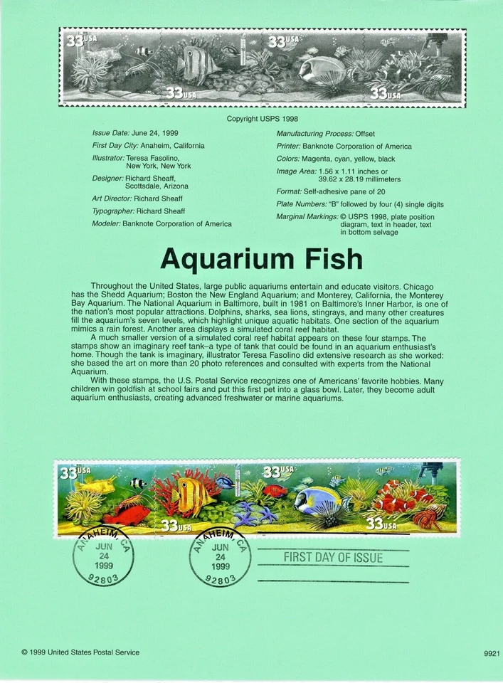 1999 USPS Souvenir  33¢ AQUARIUM FISH (STRIP OF 4) #9921 w/Watermark Archival - Image 1 of 1