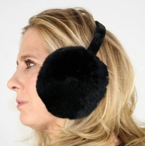 New Black Rex Rabbit Fur Ear Muffs - Picture 1 of 3