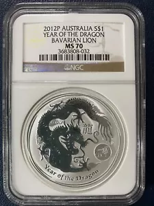 2012P $1 NGC MS70 Australia Lunar Series II Silver Dragon Lion Privy Coin 1oz - Picture 1 of 6