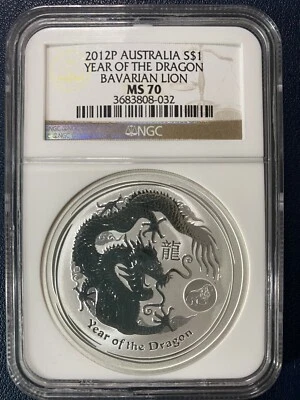 🌟LION PRIVY🌟2012P 1 OZ NGC MS70 Australia Lunar Year of Dragon $1 Silver Coin - Image 1 of 4