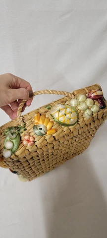Vintage Handmade Woven Straw Wicker Basket Fruit Motif Casserole Shape Rectangle Cover