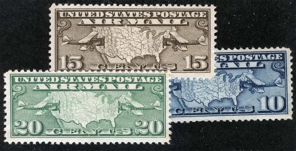 US Sc C7 C8 C9 Blu Brn Grn 10¢ 15¢ 20¢ 1926 Original Gum Light Hinge HR Airmail  - Image 1 of 1