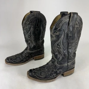 Botas vaqueras Corral vintage con incrustaciones de serpiente para mujer 7,5 M cuero negro vaquera rodeo - Imagen 1 de 9