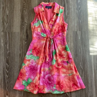Jones New York Rose Print Sleeveless Pleated Linen Dress Sz 6P Preppy Retro  - Image 1 of 4