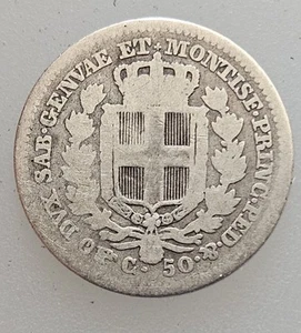 SARDINIA. 50 Centecimi 1833. Silver. VERY RARE. - Picture 1 of 2