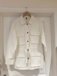 H&M White Cotton Denim Jacket Mid Length With Multiple Pockets UK Size Large - Picture 1 of 7