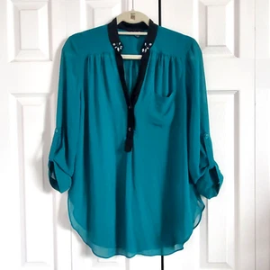 Blusa A. Byer Grande Top Camisa Túnica Verde Esmeralda Borde Negro Joya Transparente - Imagen 1 de 10