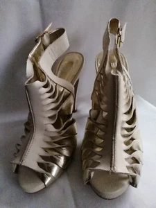New FAITH Ivory & Gold Suede / Leather Twist Strappy Heels Boxed Size 5 - Picture 1 of 6