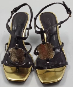 Nickels Womens Ladies Black Gold Strappy Ankle Strap Wedge Heels Sandals Sz 10M - Picture 1 of 8