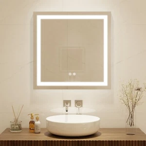 28" LED Square Front&Backlit Bathroom Wall Mounted Mirror, Dimmable Anti-Fog - Picture 1 of 7