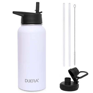 White Water Bottle 32 oz Stainless Steel 1L Vacuum BPA Free wStrawS & Leak Proof - Picture 1 of 12