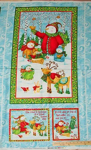 Winter Woodland Snowman Reindeer Christmas Fabric Panel  23" x 42"   #24835 - Picture 1 of 2