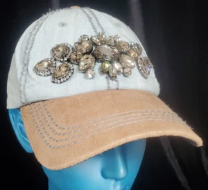 Rhinestone Embellished Bling Woman's Denim Baseball Cap Strap back OSFM Hat - Picture 1 of 11