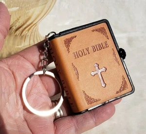 Leather Mini Bible Keychain, Orange Cover w/ Keyring, Jesus, Church, Christian - Picture 1 of 11