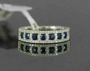 Round Lab Created Blue Sapphire Half Eternity Wedding Ring 14K White Gold Plated - Picture 1 of 4