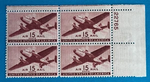 US Stamps Scott C28 airmail 15c plt block Twin Motor Plane 1941 M/NH Very fresh - Picture 1 of 3