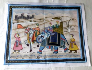 Vintage 1950s India Hand Painted Silk 13" Mughal Rajah w Elephant & Horse - Picture 1 of 7