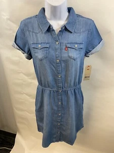 Levi's Girls Chambray Short Sleeve Denim Jean Dress Large Western Pockets NWT - Picture 1 of 19